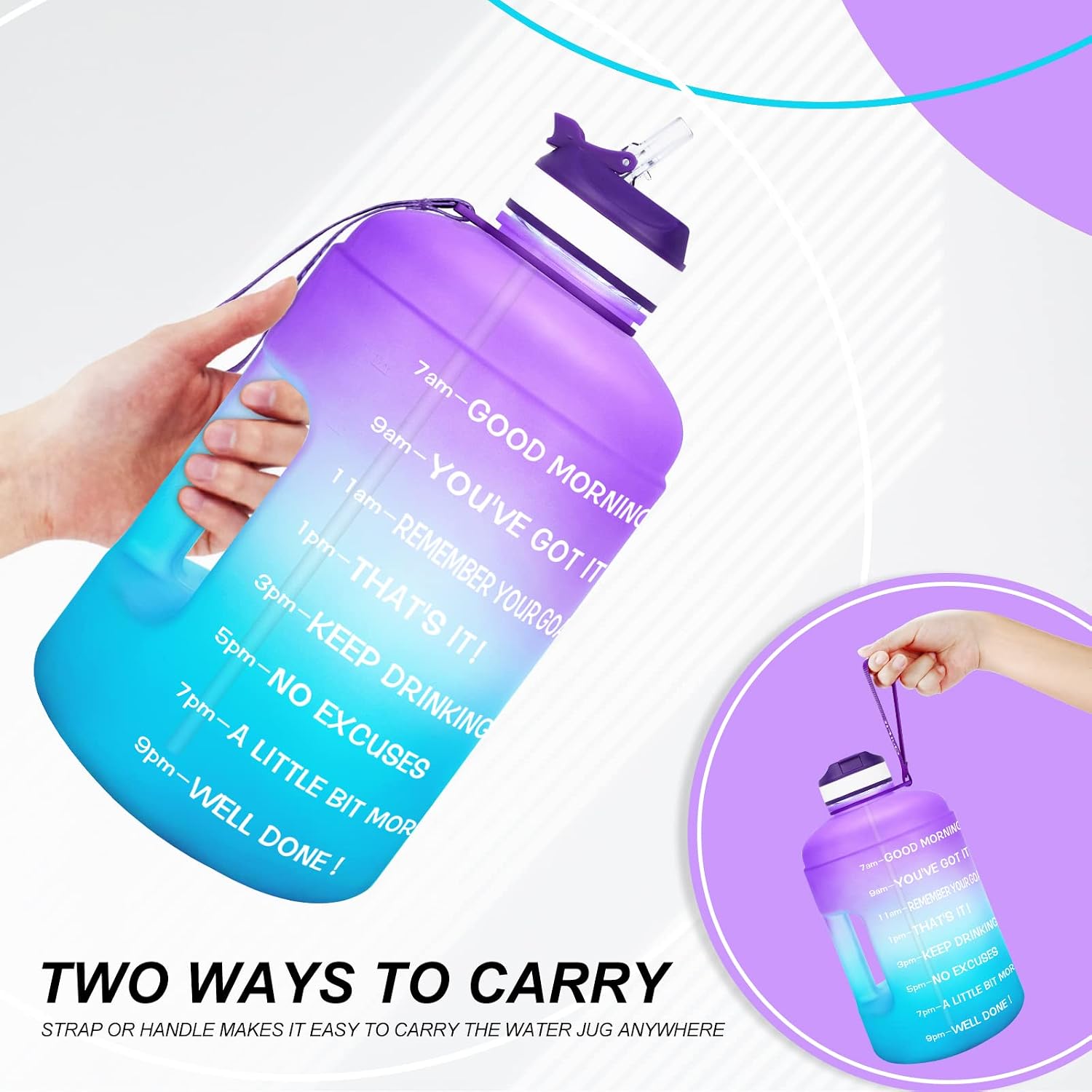 Motivational Gallon Water Bottle - with Straw & Time Marker BPA Free Large Reusable Sport Water Jug with Handle for