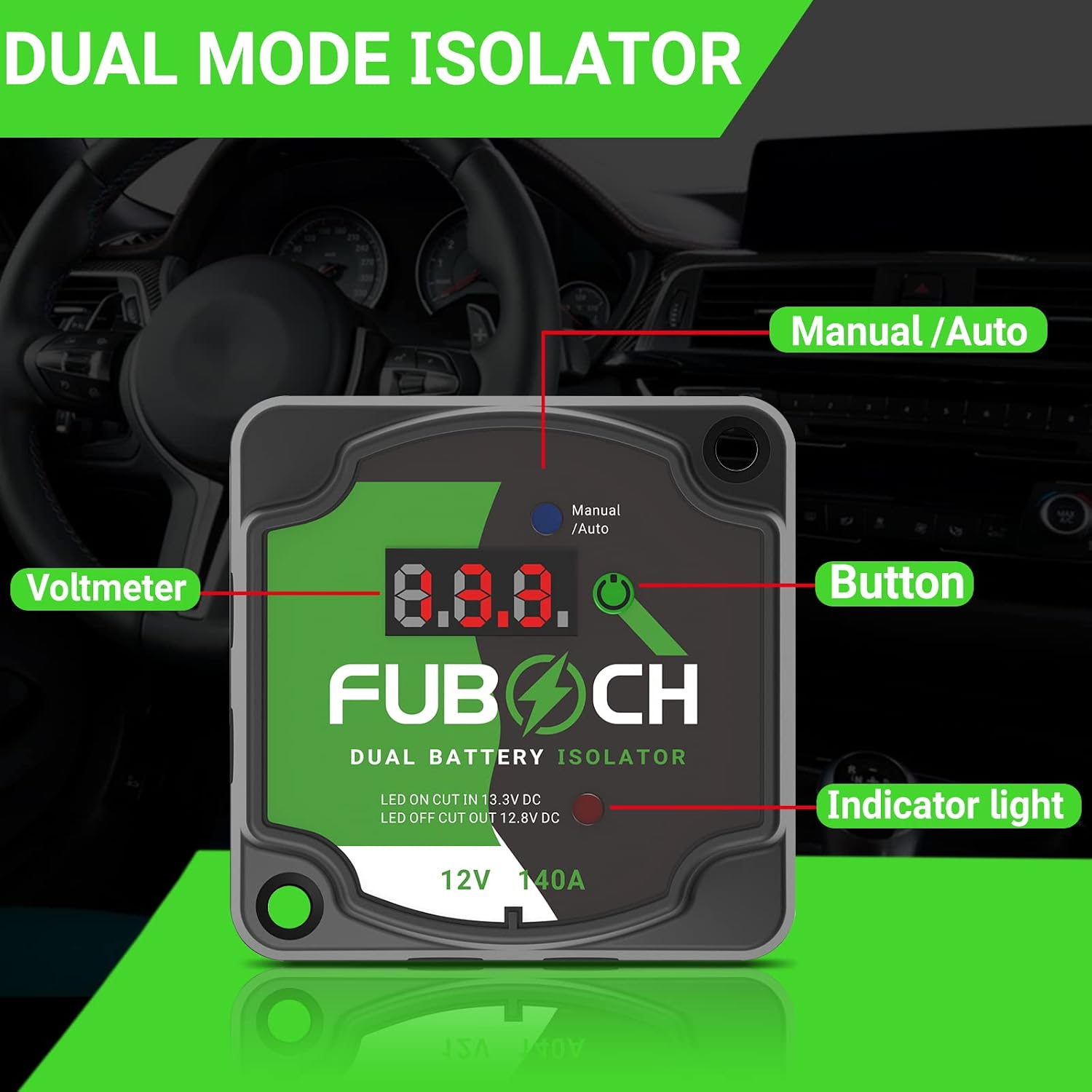 Dual Battery Smart Isolator 12V 140AMP - Auto/Manual Modes with Voltmeter for Vans, Trucks, ATV, UTV, RV, Boat - 22FT