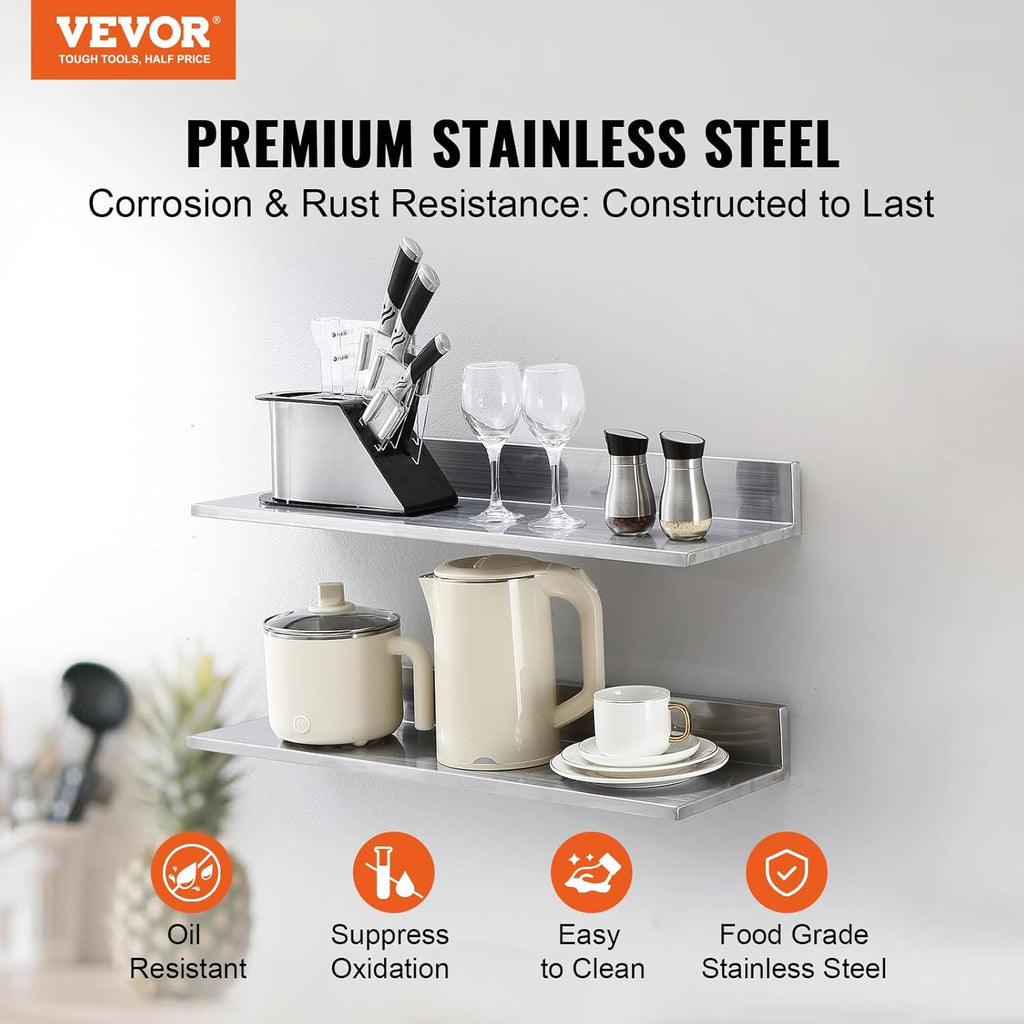 8.6" x 30" -2 Pack Stainless Steel Shelf, Wall Mounted Floating Shelving with Backsplash, 44 lbs Load Capacity