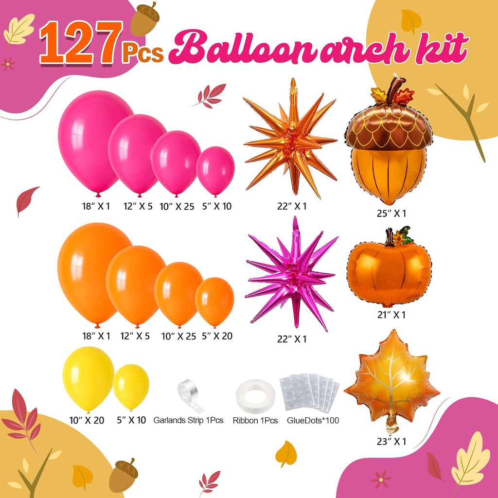 Fall Balloon Arch Kit – Thanksgiving Balloon Arch Kit | Hot Pink Orange Yellow Balloons Maple Leaf Star Foil Balloons
