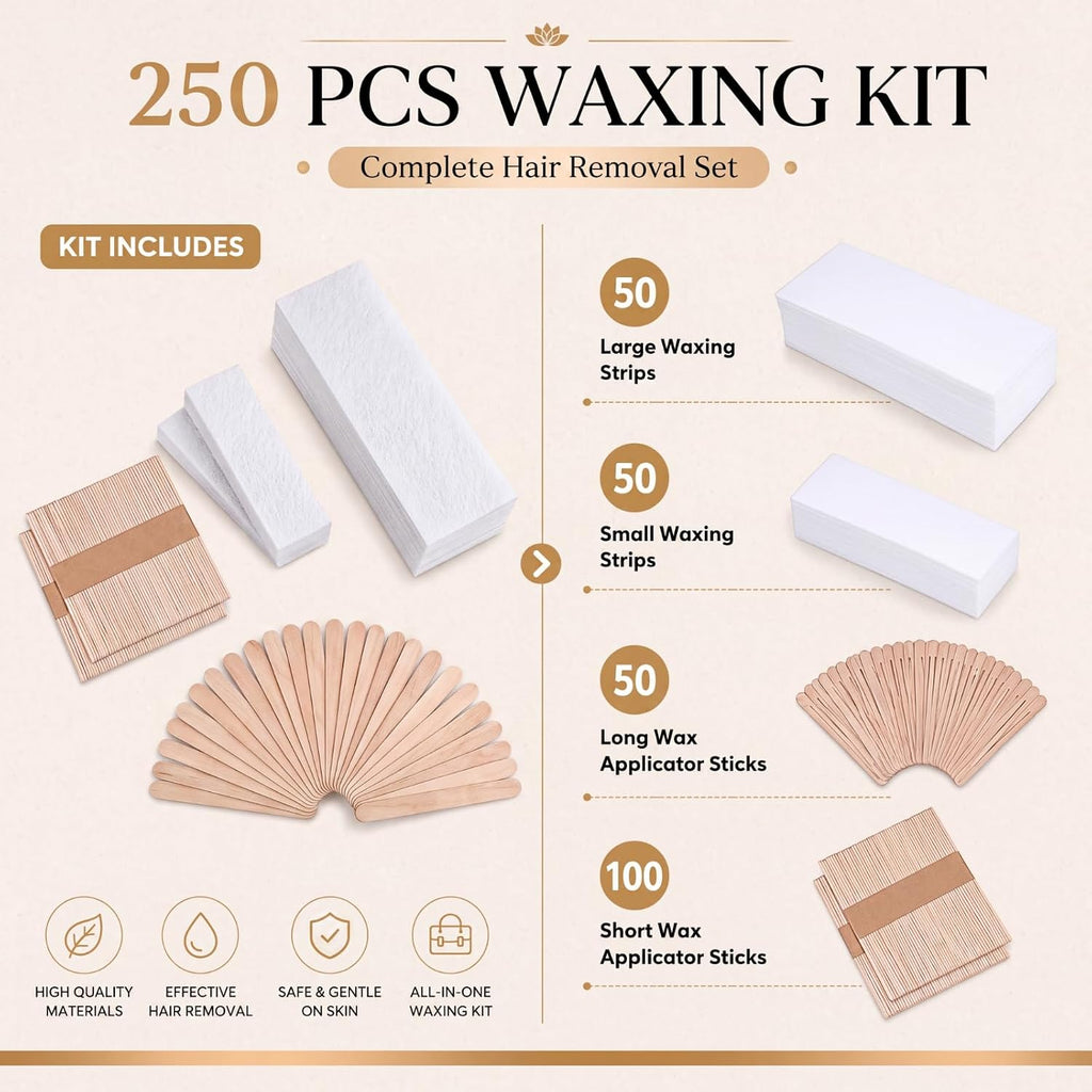 Wax Strips Kit, 250 Pieces Includes Waxing Strips and Smooth Wax Applicator Sticks for Women Men Body Skin Hair