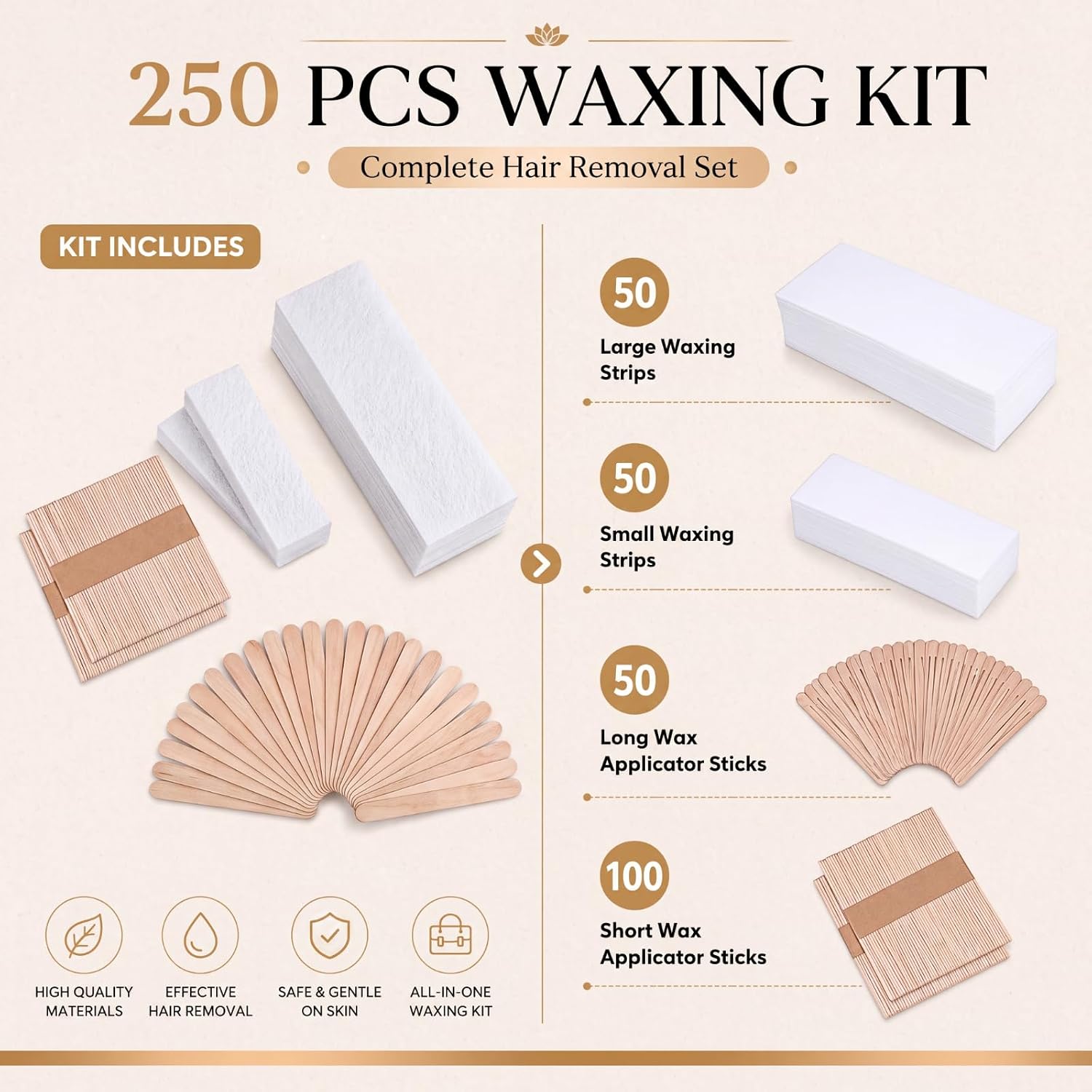 Wax Strips Kit, 250 Pieces Includes Waxing Strips and Smooth Wax Applicator Sticks for Women Men Body Skin Hair