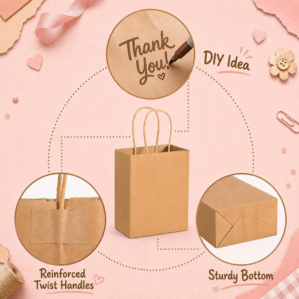 125 Pcs Small Paper Bags, 5x3x6 Inch Mini Gift Bags with Handle