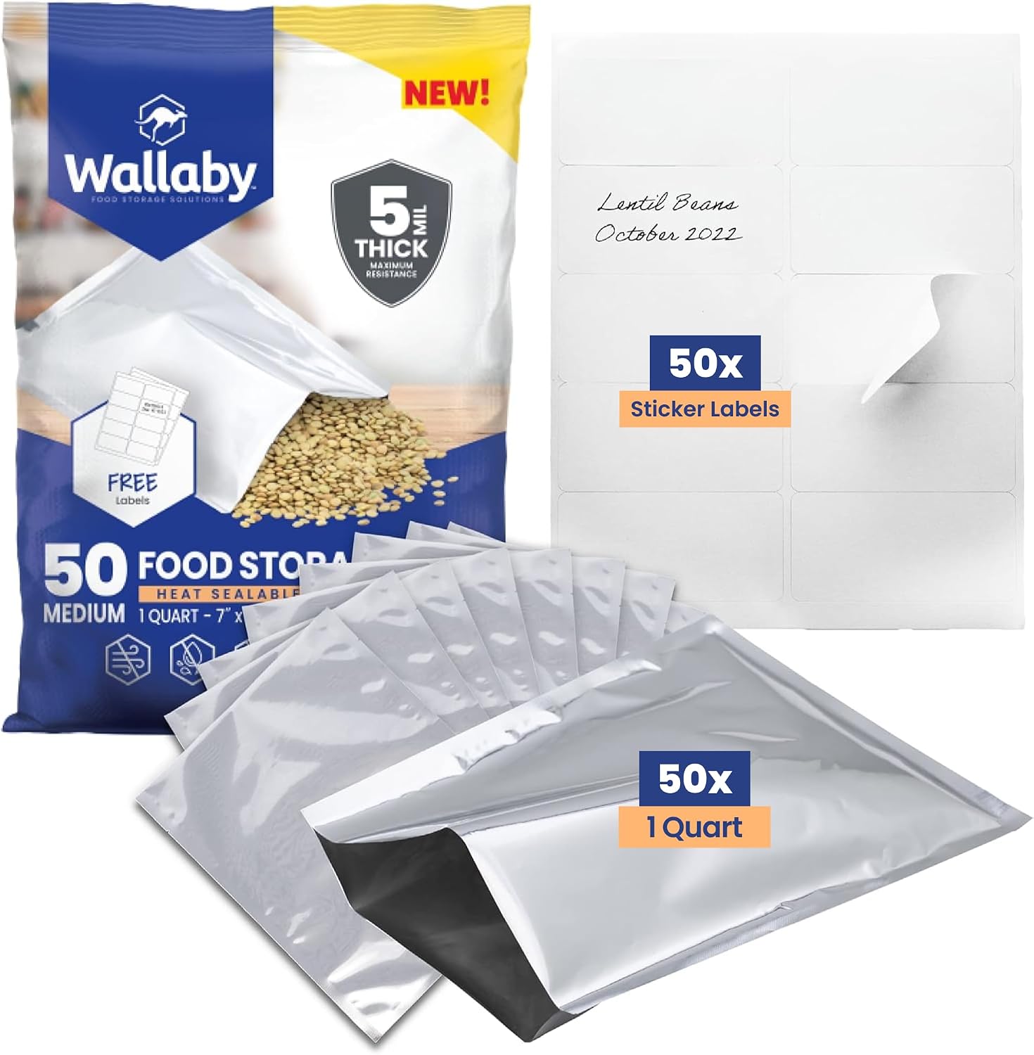 50 Count 1-Quart Mylar Bags with Labels, 5 Mil Total Thickness Long-Term Food Storage Pouches, 7x10 Heat-Sealable