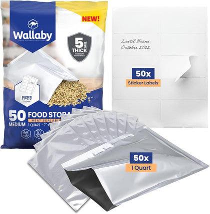 50 Count 1-Quart Mylar Bags with Labels, 5 Mil Total Thickness Long-Term Food Storage Pouches, 7x10 Heat-Sealable