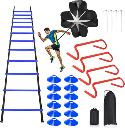 Speed & Agility Ladder Training Equipment Set, Includes 12 Rung 20ft Agility Ladder, 4 Agility Hurdles,12 Disc Cones