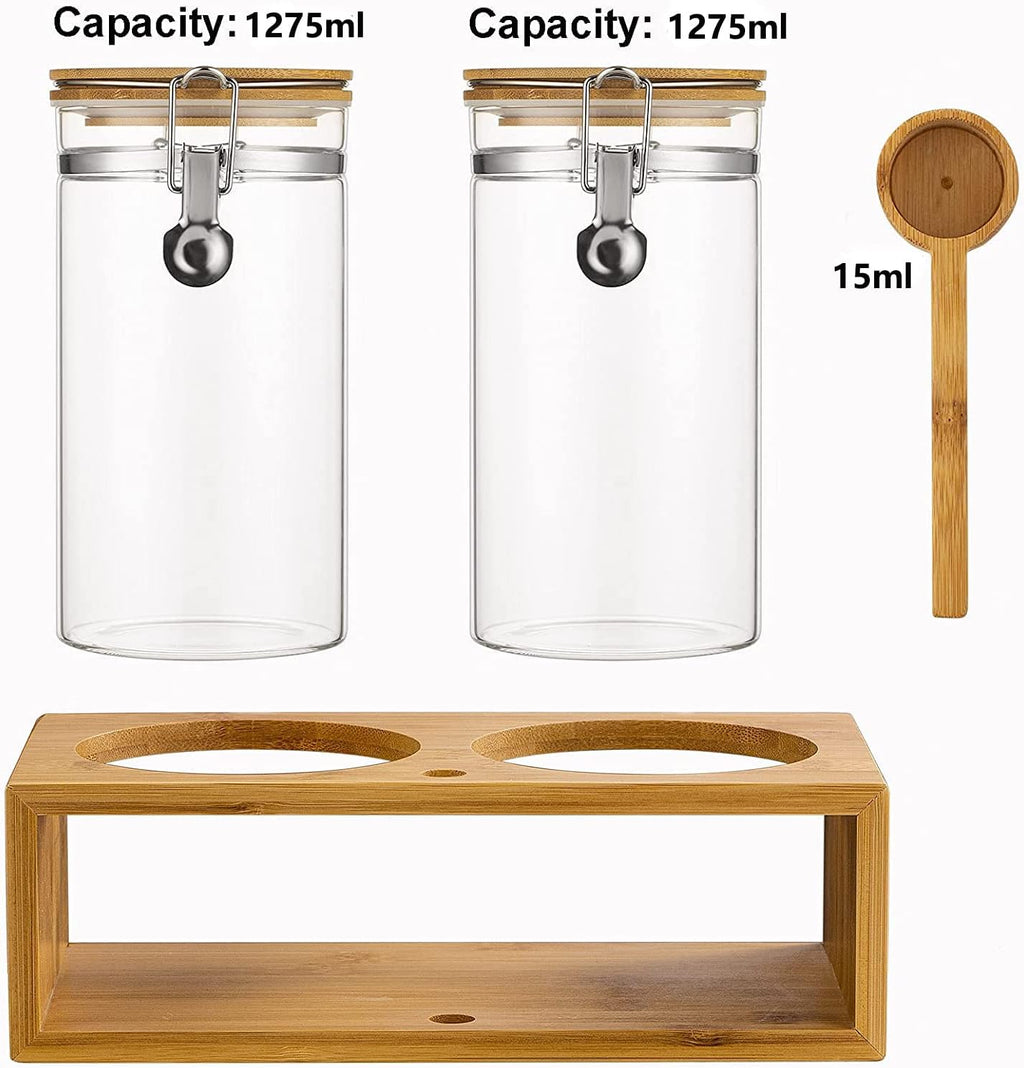 Coffee Container with Shelf: 2P 45OZ Glass Airtight Coffee Holder | Large Capacity Coffee Canister w/Wooden Scoop
