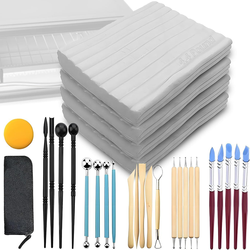 Oven Bake Polymer Clay White, Non Toxic 4.4Lbs with Pottery Tools & Paint Brushes Great for Modeling, Sculpting