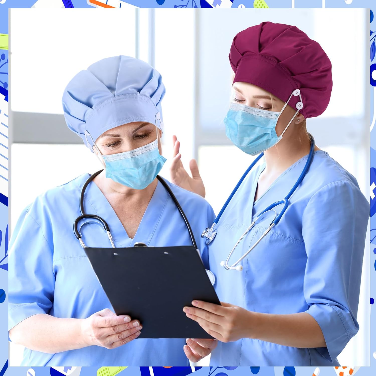 12 Pcs Bouffant Nurse Caps with Button Sweatband Adjustable Scrub Cap Elastic Surgical Tie Back Hat for Women Men