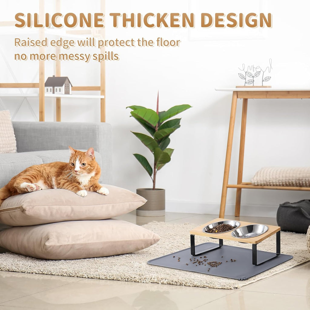 Upgraded Elevated Cat Bowls with Food Mat,15°Tilted Stand Anti Vomiting Raised Cat Dishes for Food and Water,2