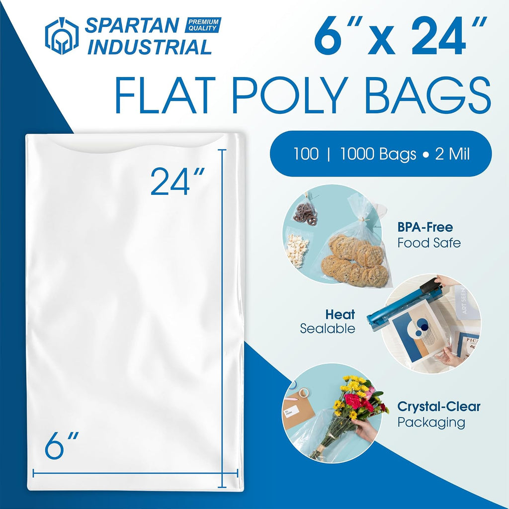 6" X 24" Open-End Flat Poly Bags (100 Count) 2 Mil Clear Plastic
