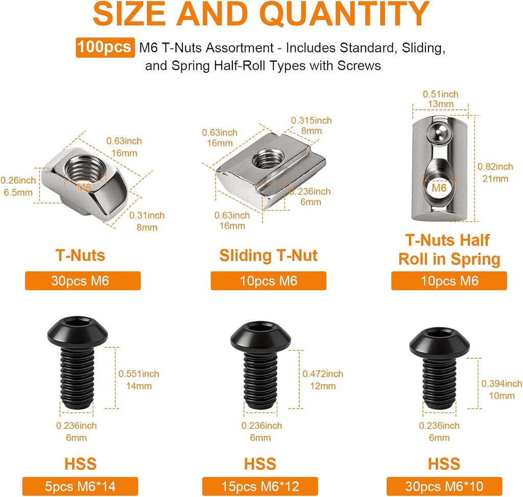 100pcs M6 T-Nut Screw Kit for 3030/3060 Series Aluminum Extrusion