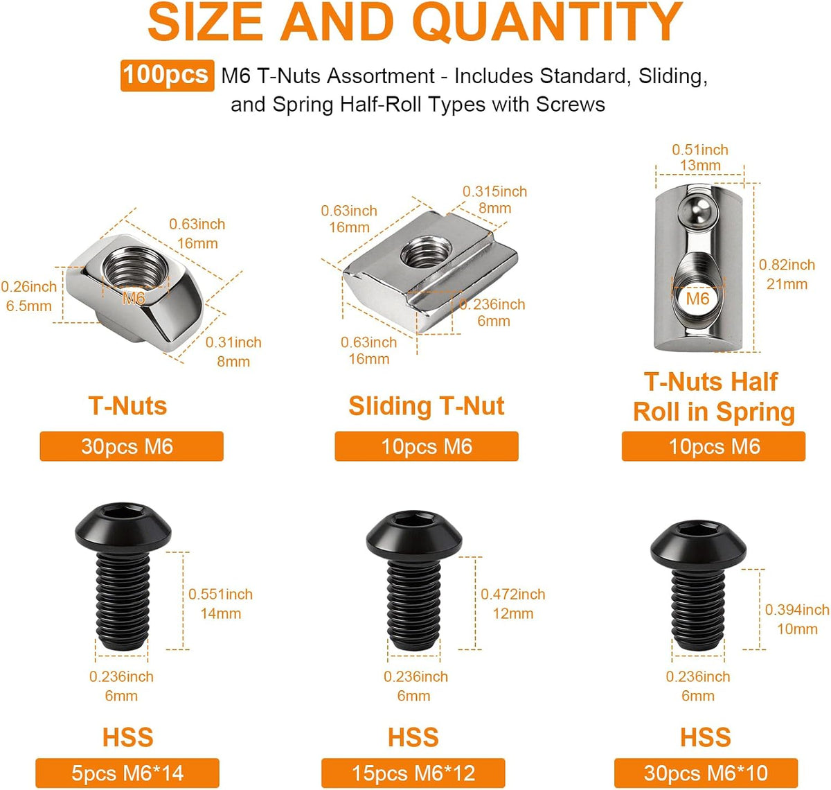 100pcs M6 T-Nut Screw Kit for 3030/3060 Series Aluminum Extrusion