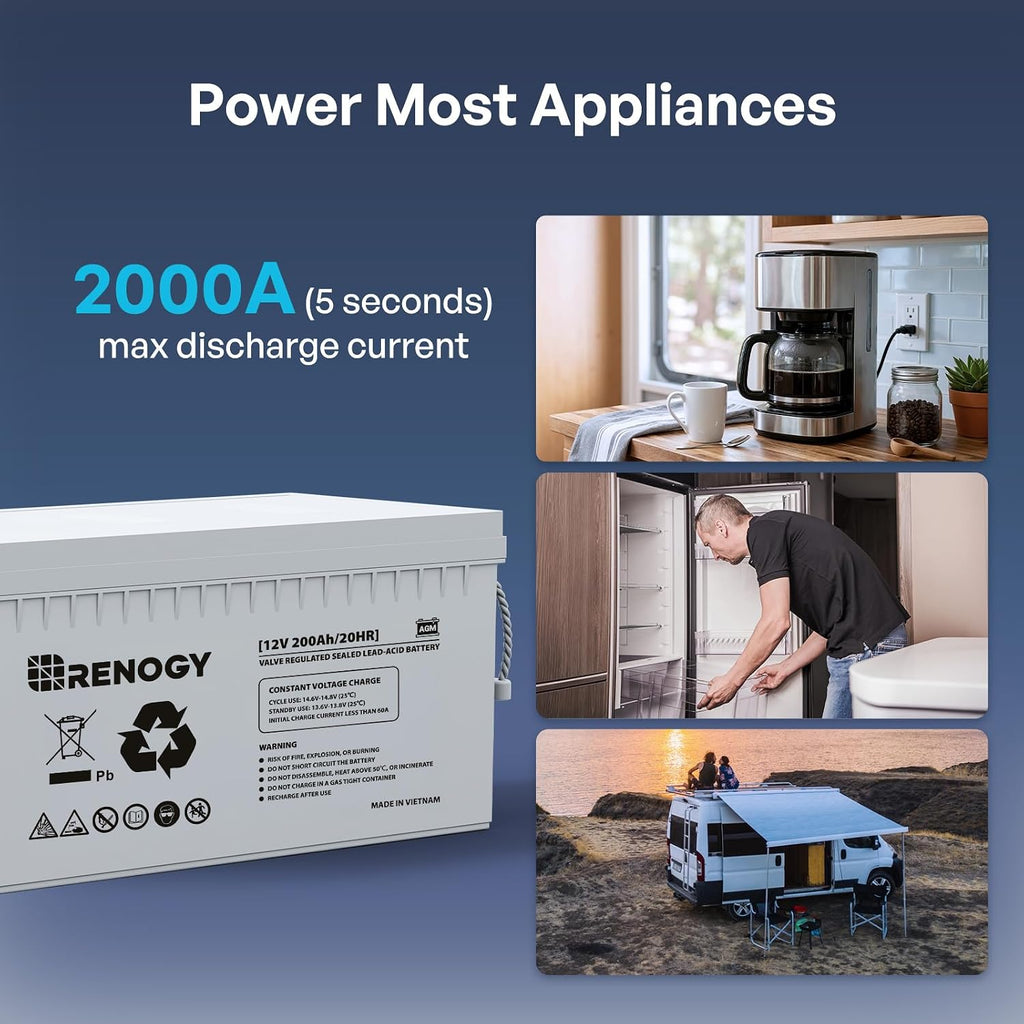 12 Volt 200Ah Deep Cycle AGM Battery, Lead Acid Solar Battery | 3% Self-Discharge Rate, 2000A Max Discharge Current