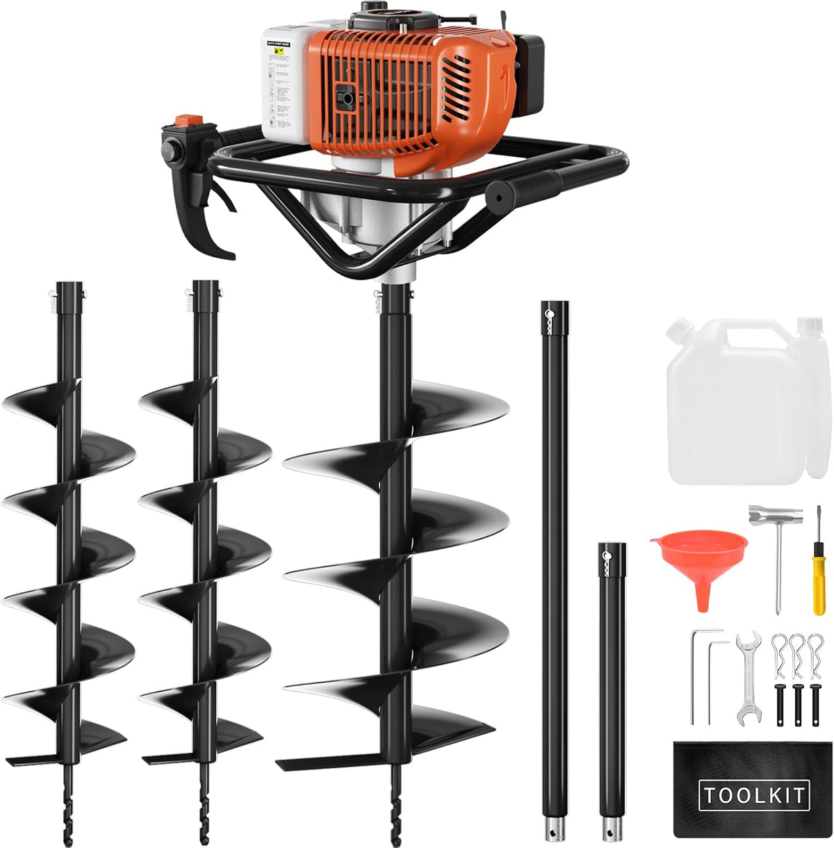 62cc Gas Powered Post Hole Digger, Earth Auger with 6" & 8" Drill Bits and 2 Extension Rods, Heavy Duty Earth Digger