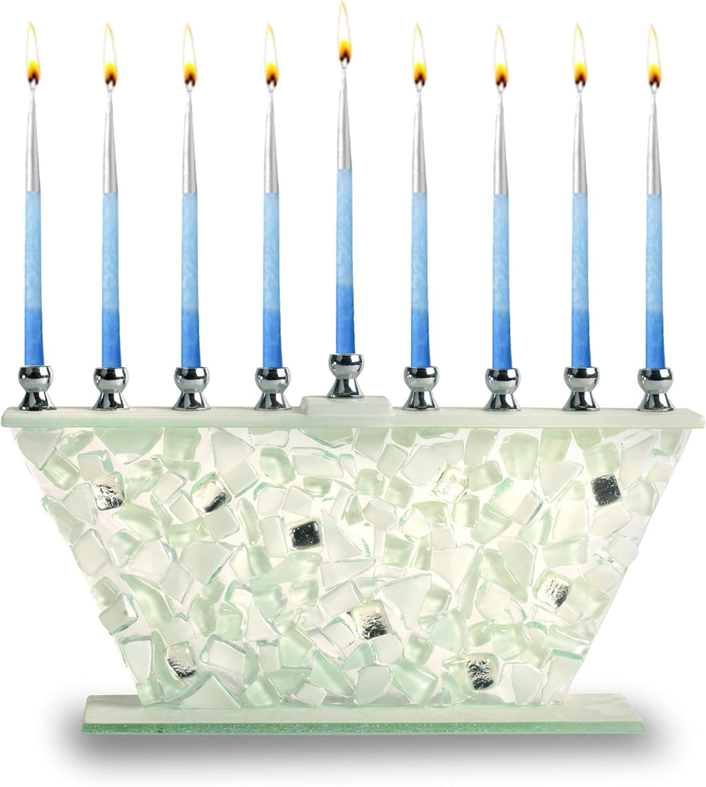 Hanukkah Menorah - White Shattered Glass - Handcrafted Painted Glass - Fits All Standard Chanukah Candles