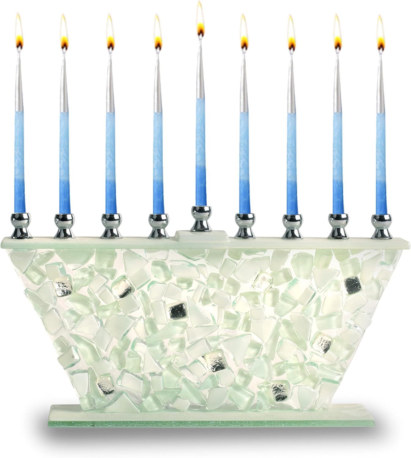 Hanukkah Menorah - White Shattered Glass - Handcrafted Painted Glass - Fits All Standard Chanukah Candles