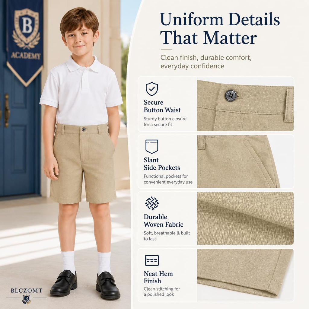 Boys Uniform Shorts Summer School Flat Front Chino Dress Shorts for Kids Teens