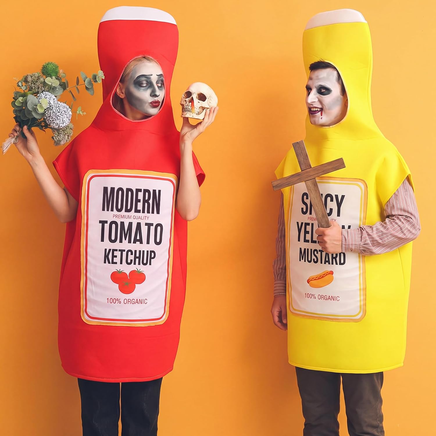 Halloween Couples Group Costume Adults Ketchup Mustard Costumes Condiment Outfits for Cosplay Party