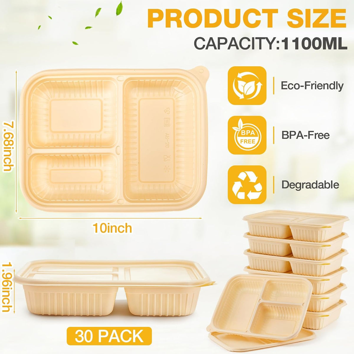 30 Pack(60 Pcs) 3 Compartments Compostable Plates with Lids