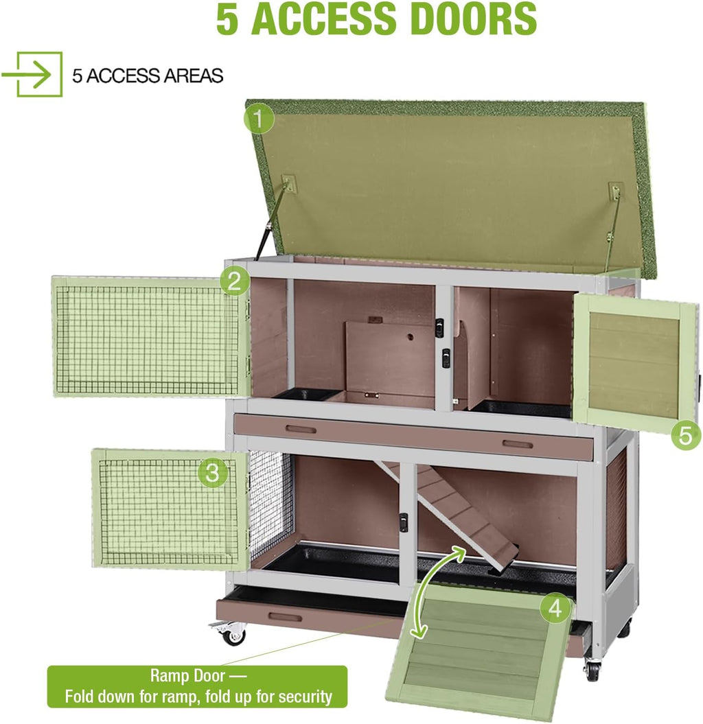 2-Story Rabbit Hutch for 1-2 Bunnies - Indoor Outdoor Wooden Guinea Pig Cages with 4 Wheels, 2 Pull-Out Trays, 5