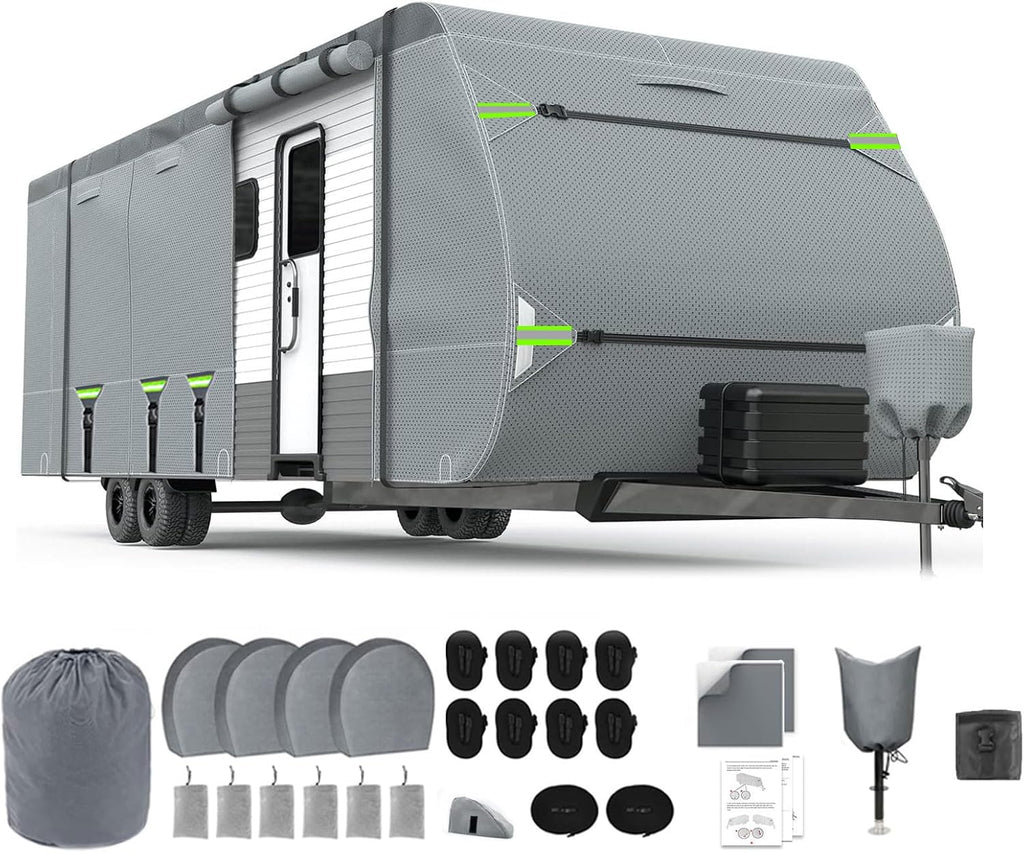 24-27FT RV Cover Upgraded 8 Layers Top Windproof Travel Trailer Camper Cover r for 24' to 27' RV, with Tire