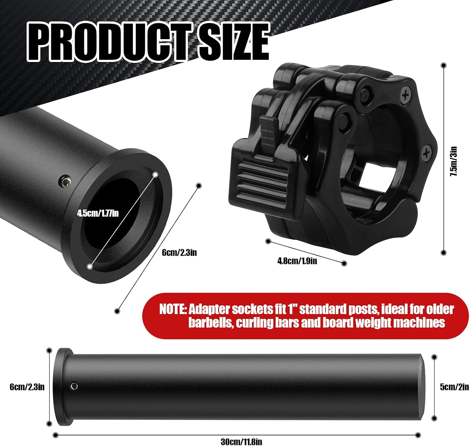 GreenBean 2PCS Olympic Adapter Sleeve 11.8" with Olympic Barbell Clamps 2", Converts 1" Standard Weight Plate Posts