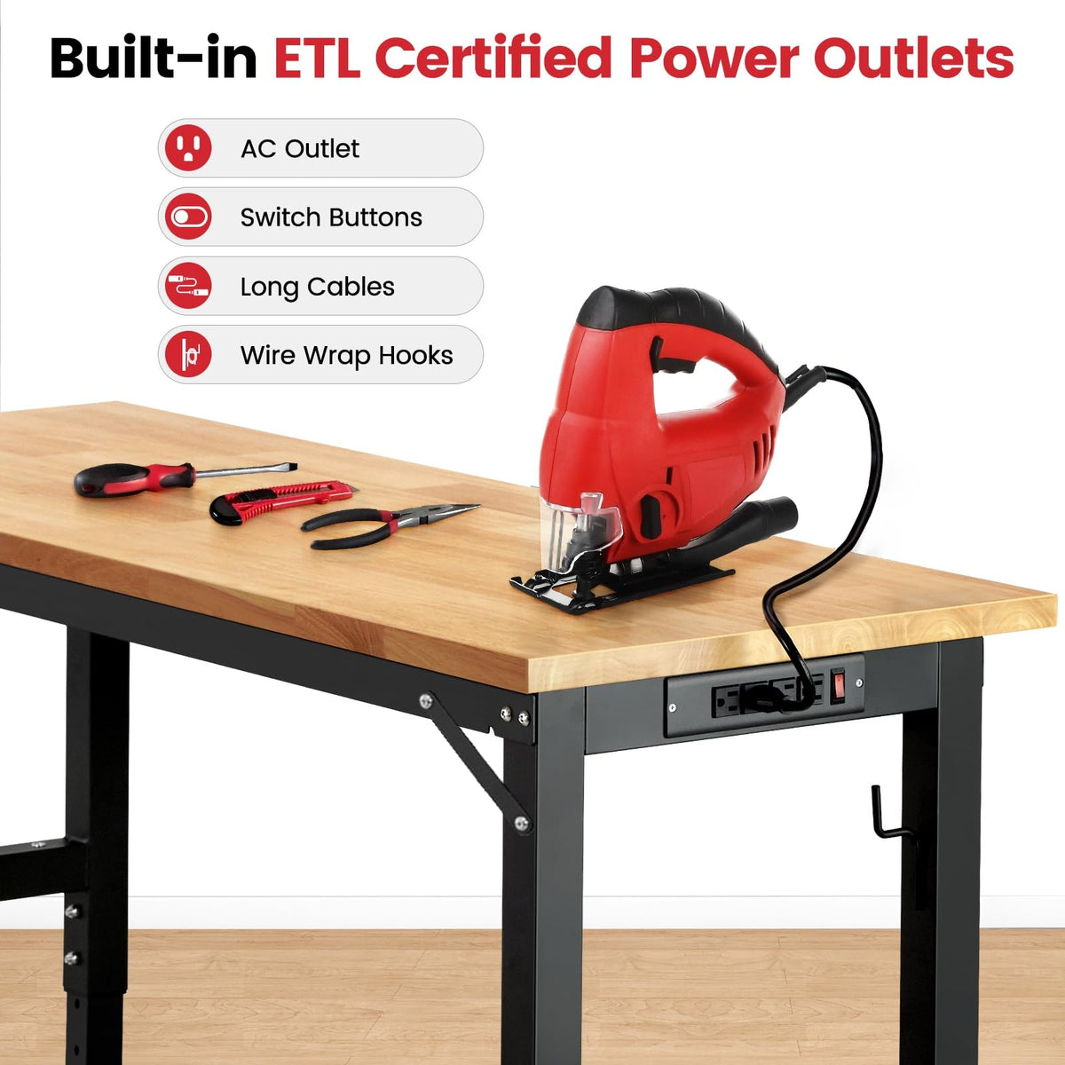 60-Inch Workbench on Wheels with Power Outlet & Pegboard