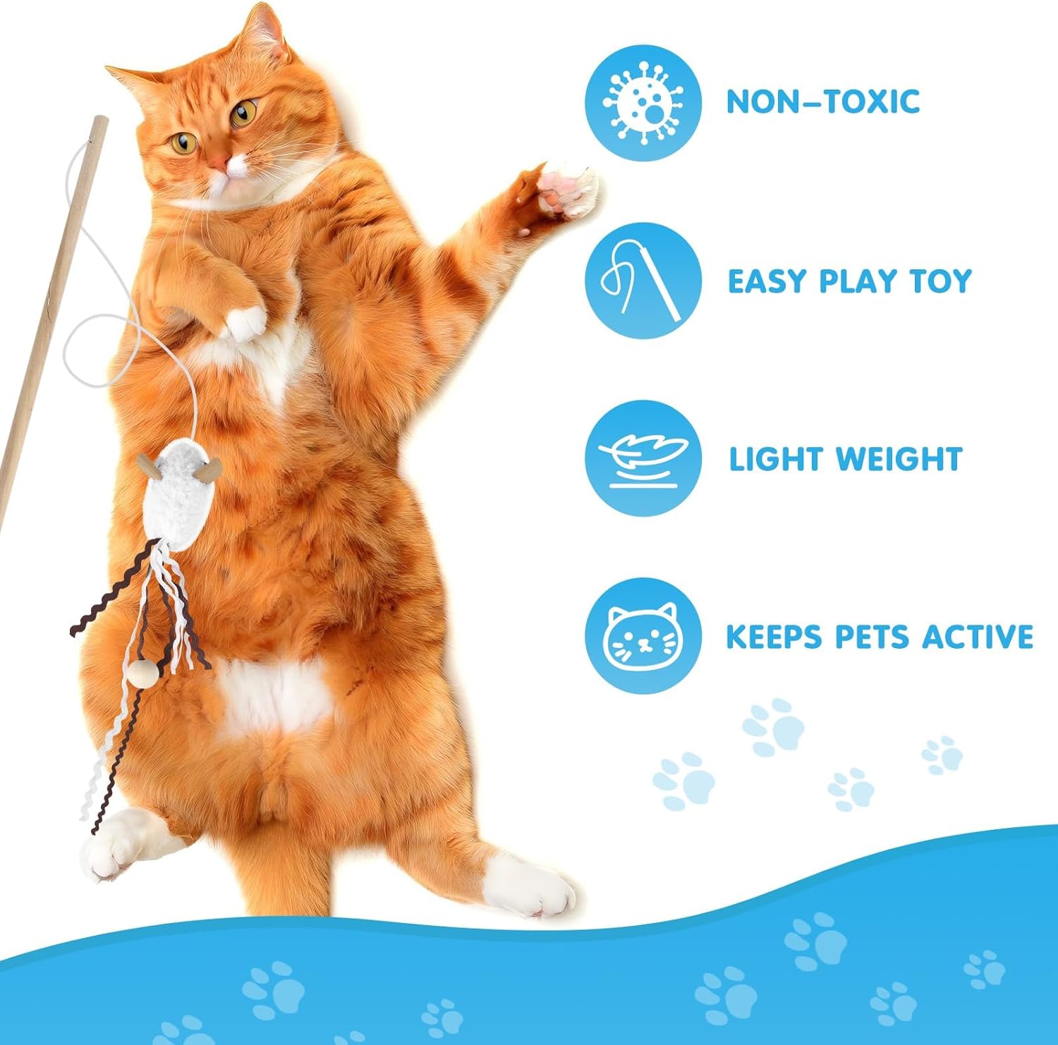 Cat Wand Toy Set, 2 PCS Interactive Cat Teaser Wands with Cute Bee & Mouse Designs, Equipped with Bells and Streamers