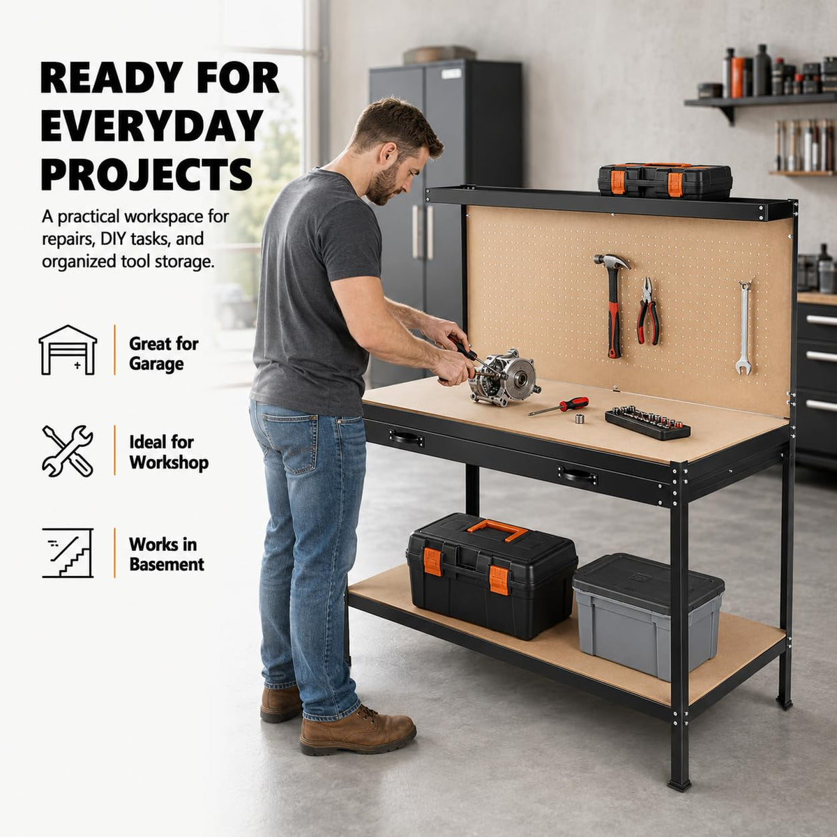 Steel Garage Workbench, Pegboard, 2 Drawers, Shelves, Workshop
