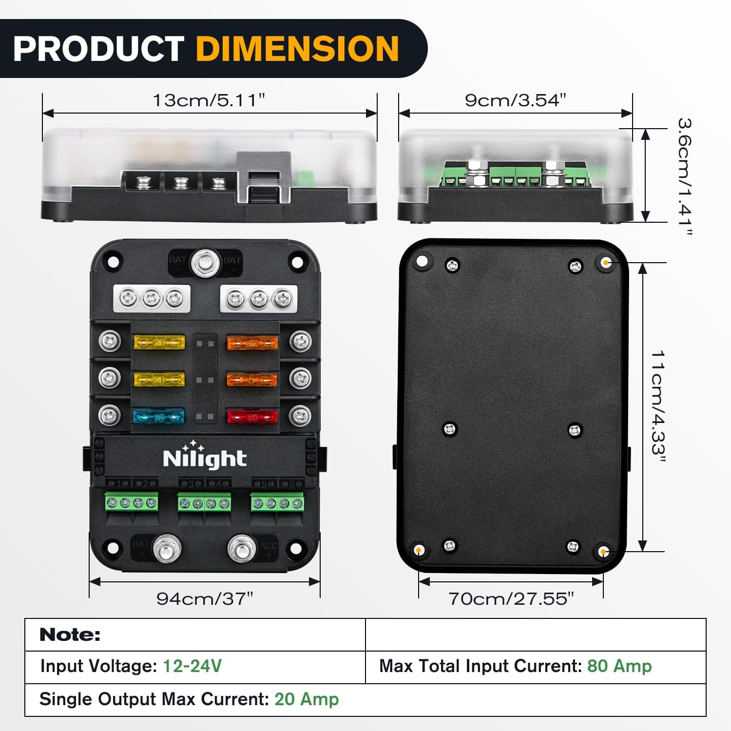 6 Way Fuse Relay Block with Acc Control Negative Bus 12V Blade Holder ATC/ATO Box Label Stickers Waterproof Cover