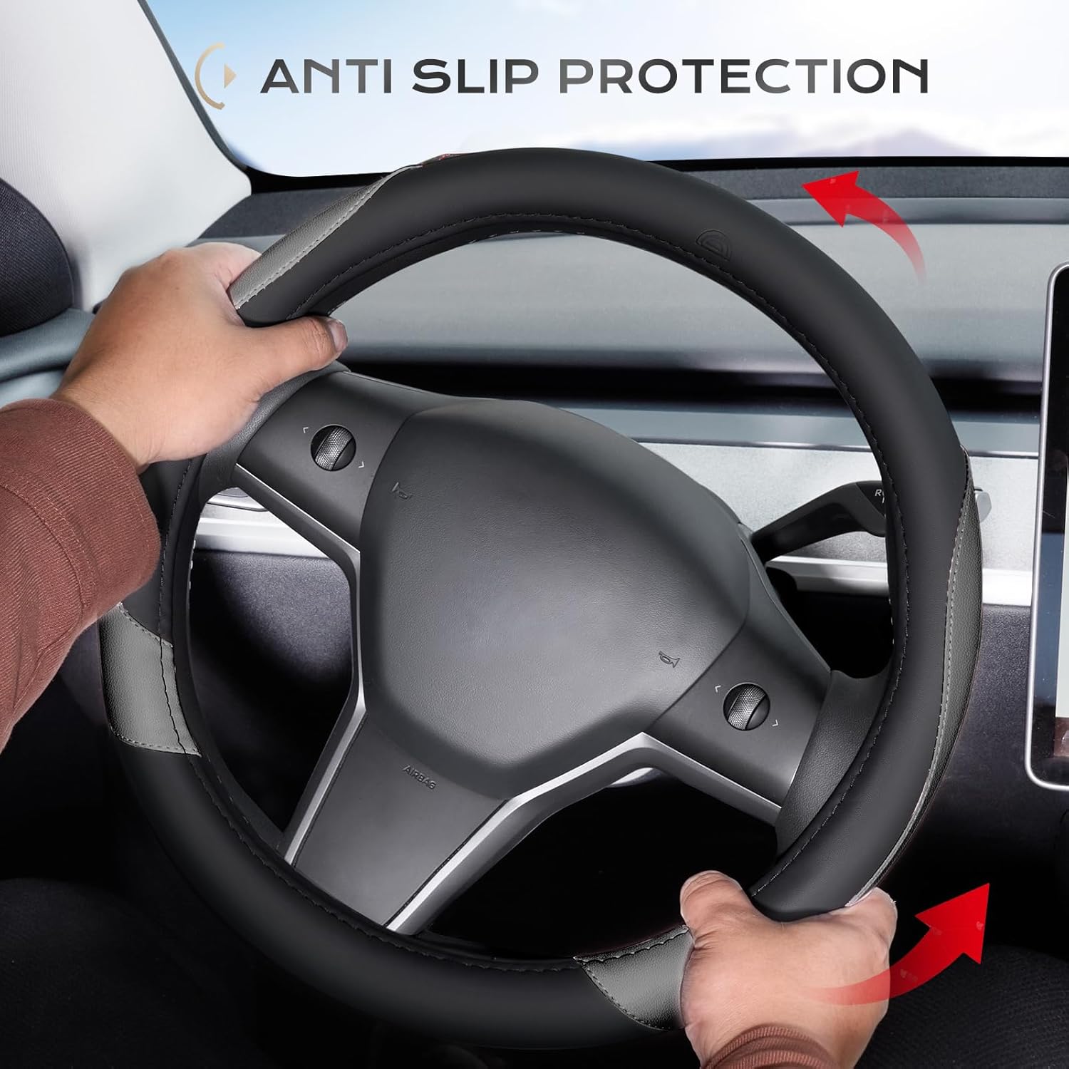 Car Steering Wheel Cover, Nappa Leather Black & Gray Steering Wheel Covers, Universal 14-15 inch, Anti-Slip