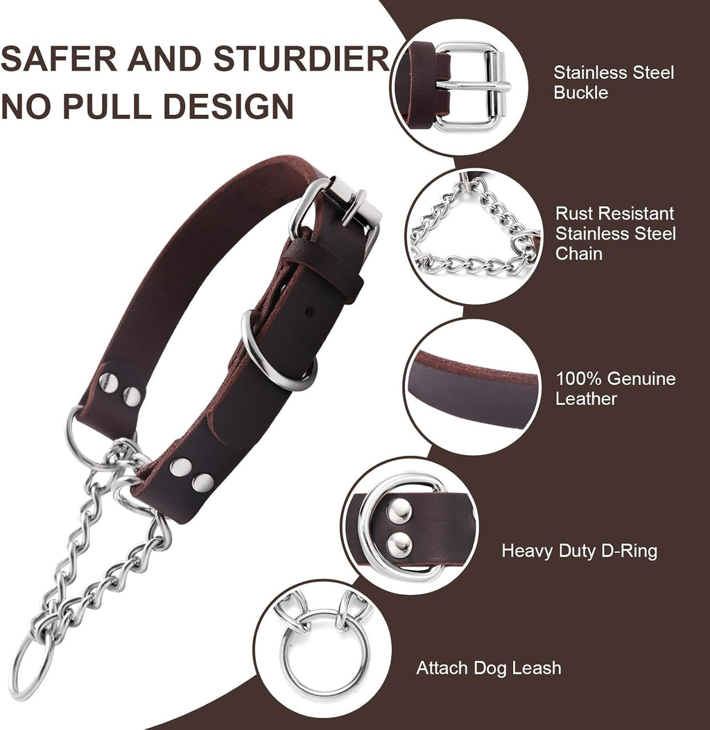 Leather Martingale Dog Collar, Genuine & Stainless Steel Chain Martingale Collar No-Pull Adjustable Anti-Slip
