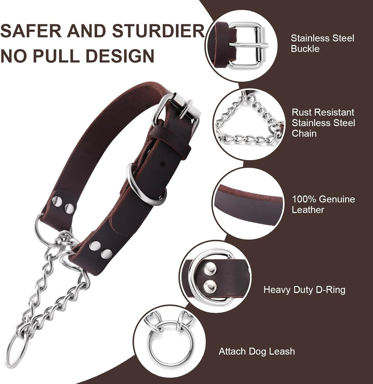 Leather Martingale Dog Collar, Genuine & Stainless Steel Chain Martingale Collar No-Pull Adjustable Anti-Slip