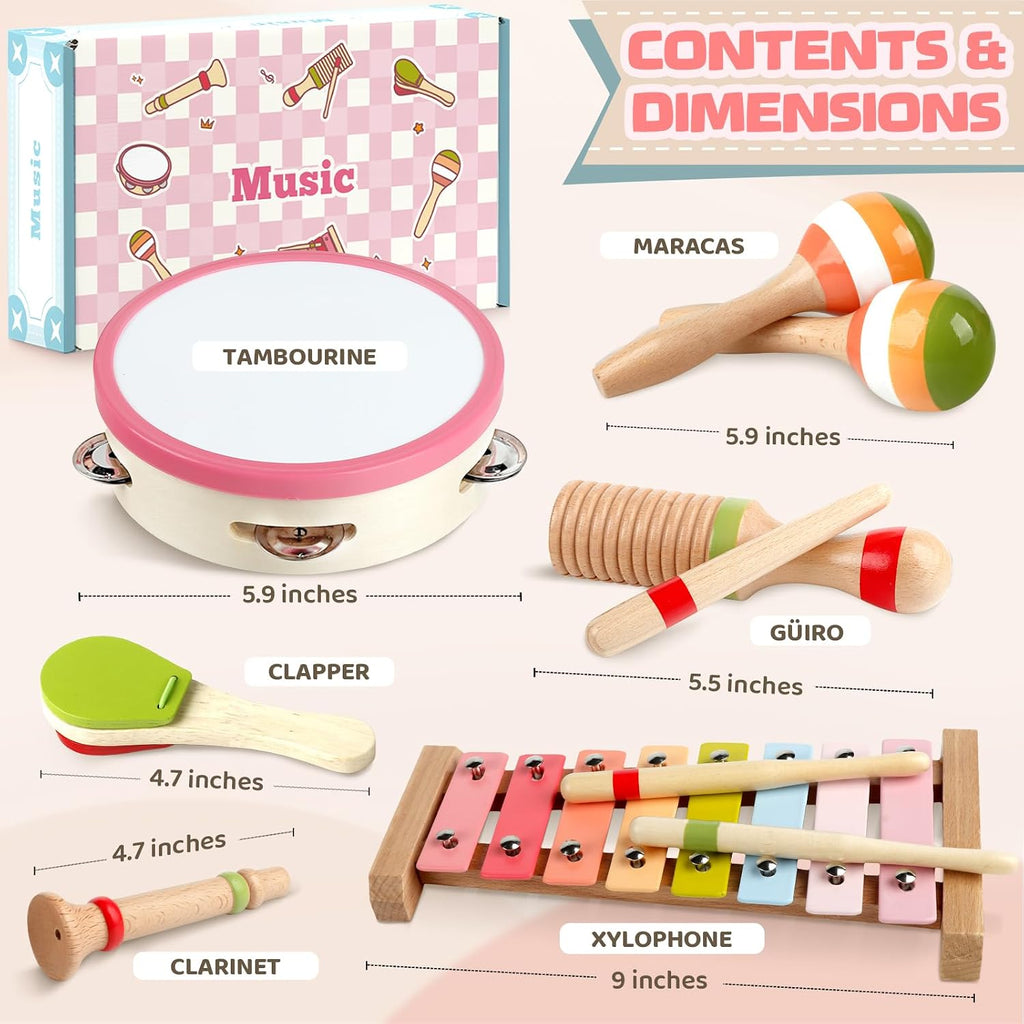 Baby Musical Instruments - Montessori Wooden Toys for Toddlers Sensory Play | Xylophone Maracas Tambourine Percussion