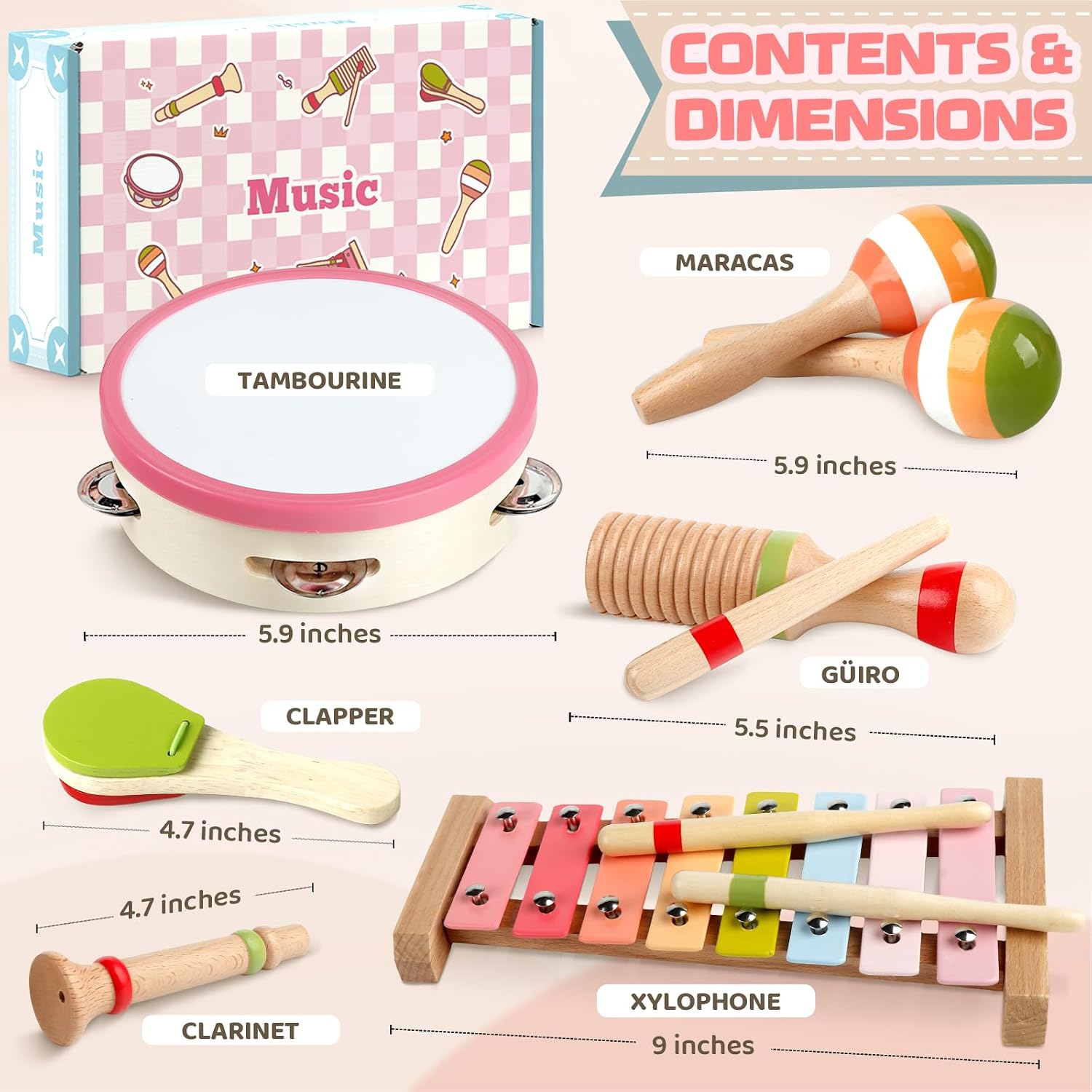 Baby Musical Instruments - Montessori Wooden Toys for Toddlers Sensory Play | Xylophone Maracas Tambourine Percussion