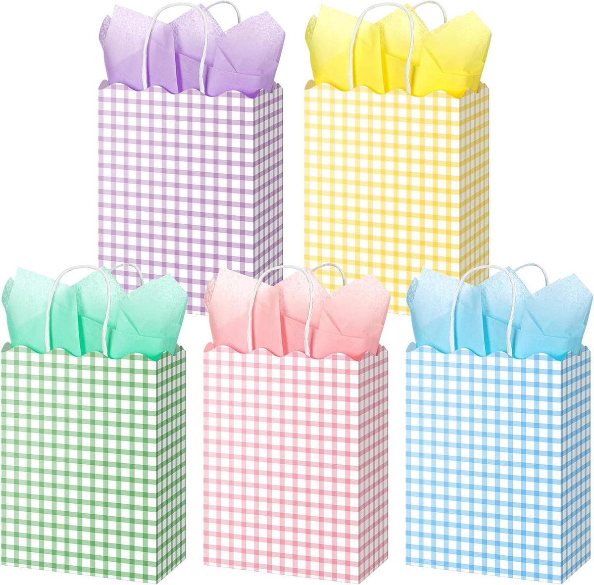 50 Pcs Pastel Gift Bags with Handles and Tissue Paper,Gingham