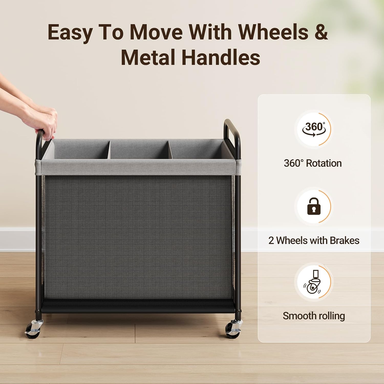 Laundry Hamper 3 Section, 120L Rolling Laundry Sorter with Wheels | Removable Washable Liner Bags, Sturdy Steel Frame