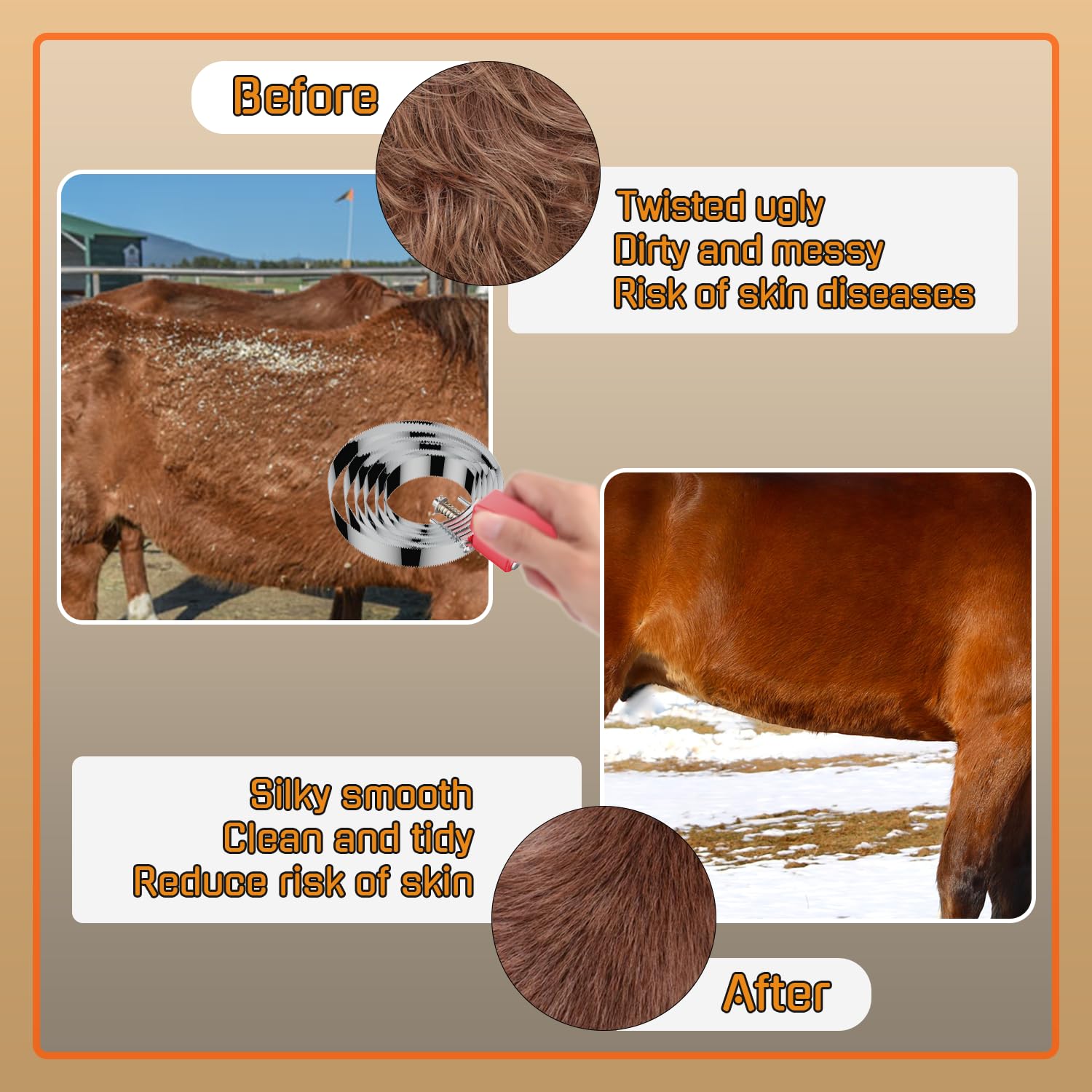 6 Rings Curry Comb Horse Brush Scraper Reversible Stainless Steel Livestock Shedding Comb with Soft Touch Grip for