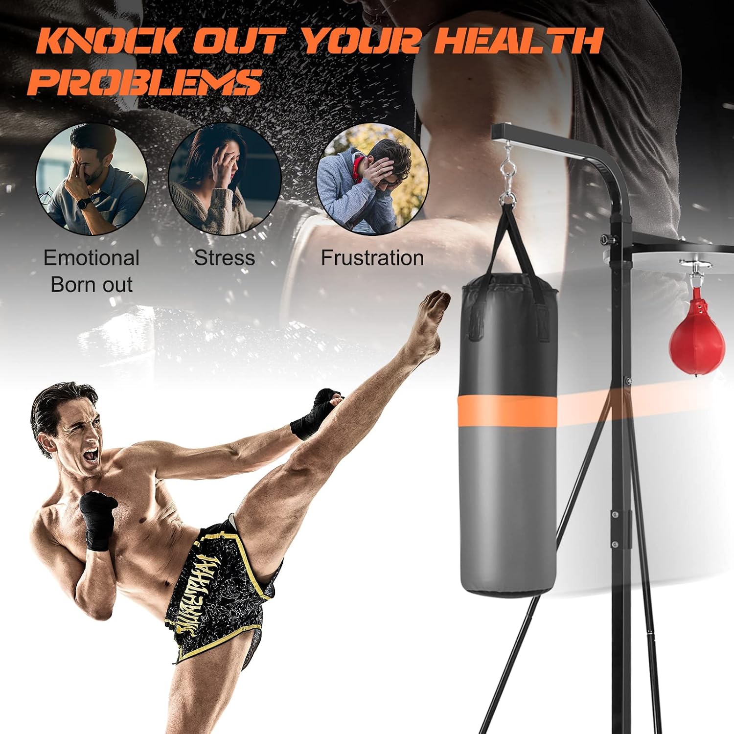 Punching Bag with Stand Adult, Freestanding Boxing Machine with Height Adjustable Speed Ball & Sandbag, Pre Filled