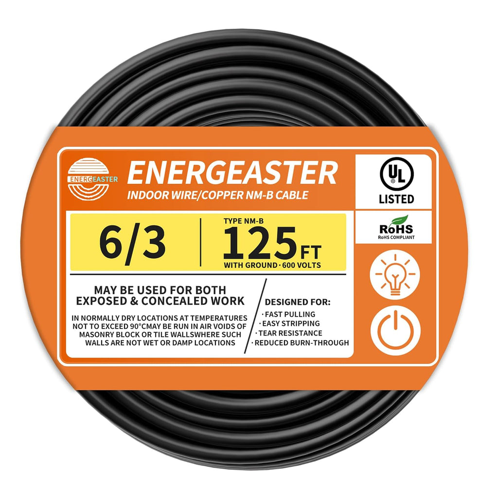 Energeaster Stranded Indoor 6/3 NM-B Copper Cable with Ground 125FT, Black