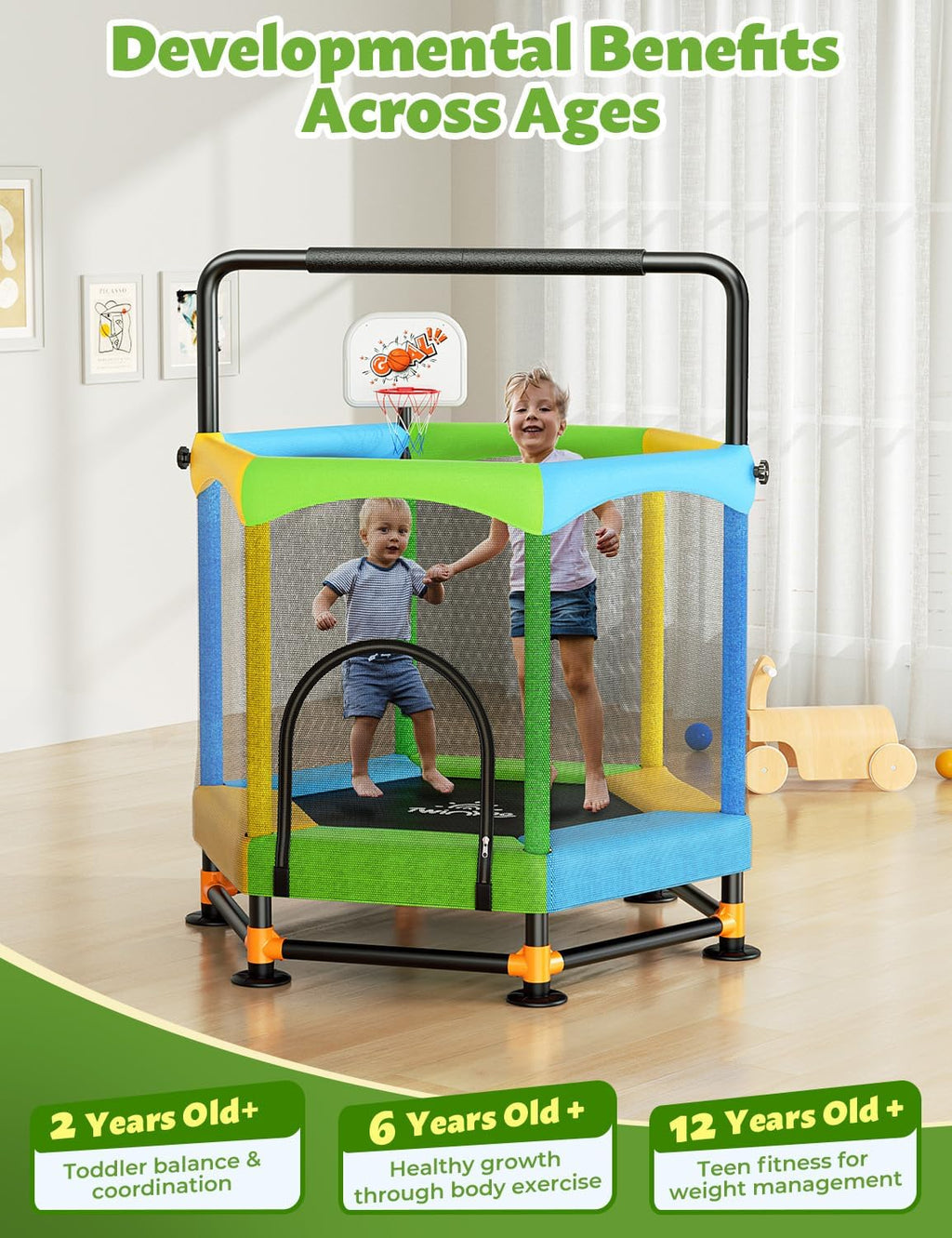 Toddler Trampoline for Kids with Foam Handle, Anti-Tilt Frame & Thick Padded Spring Cover, Indoor Outdoor Mini