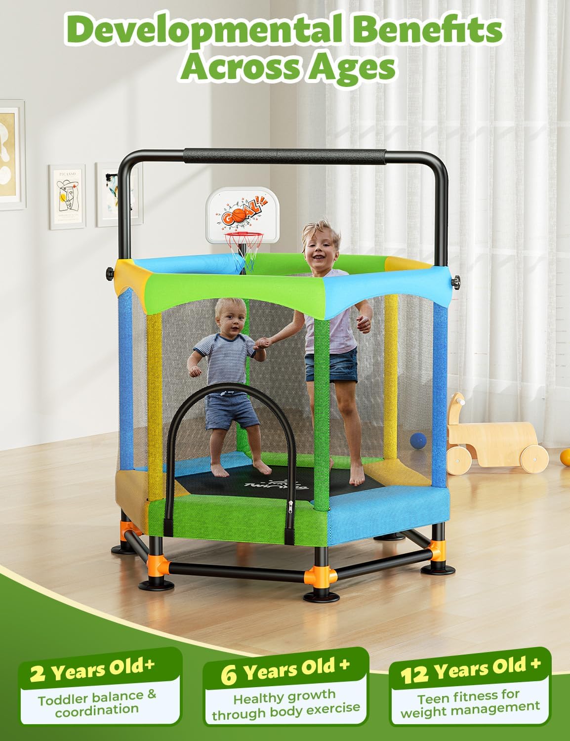 Toddler Trampoline for Kids with Foam Handle, Anti-Tilt Frame & Thick Padded Spring Cover, Indoor Outdoor Mini
