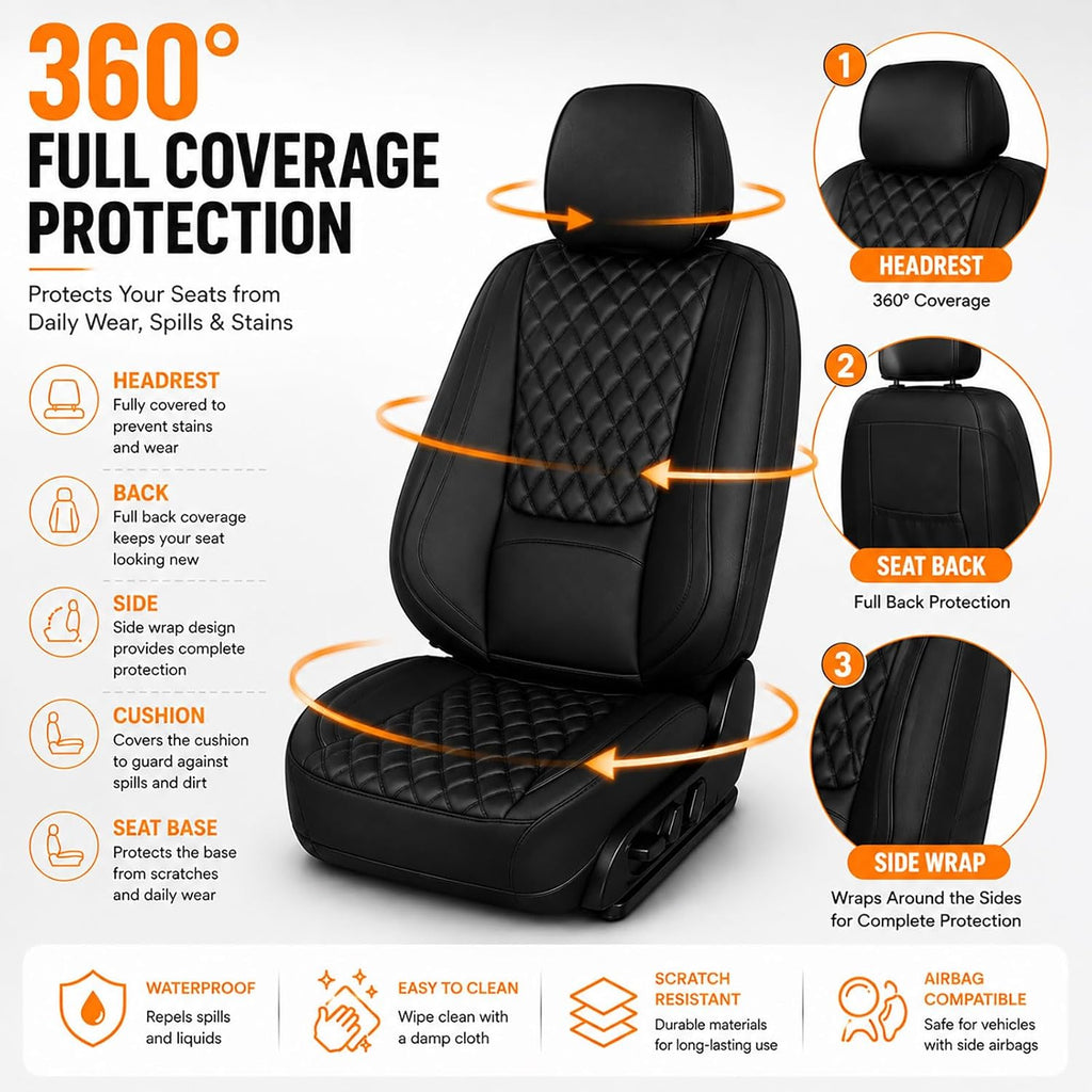 Car Seat Covers Full Set with Lumbar Support, Breathable Perforated PU Leather Seat Covers, Waterproof Seat