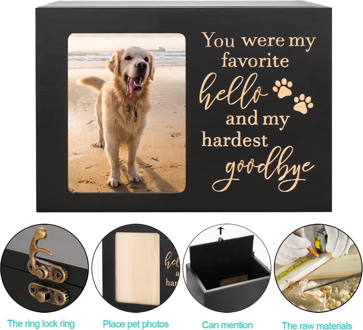 Pet Memorial Urns for Dog or Cat Ashes, Large Wooden Funeral Cremation Urns with Photo Frame, Keepsake Memory Box
