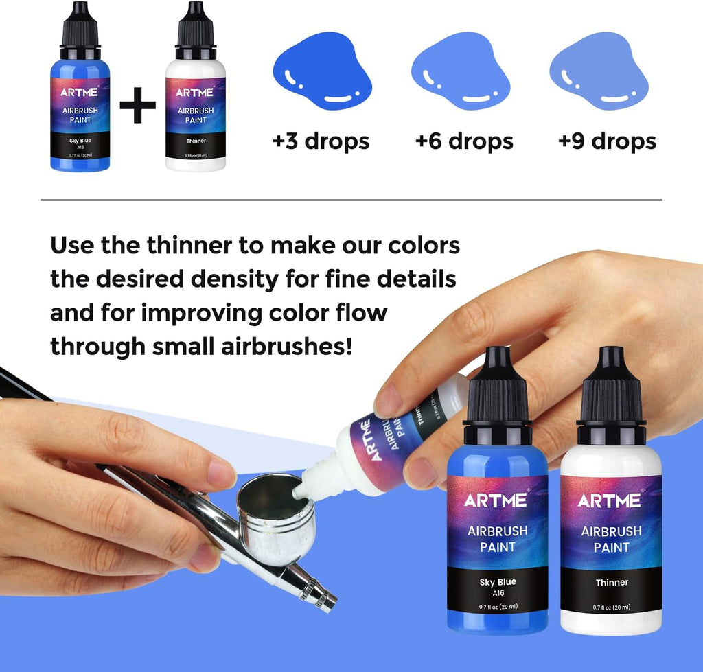 Airbrush Paint, ARTME 42 Colors with 3 Thinner, Ready to Spray, Opaque & Water Based Acrylic Airbrush Paint Set