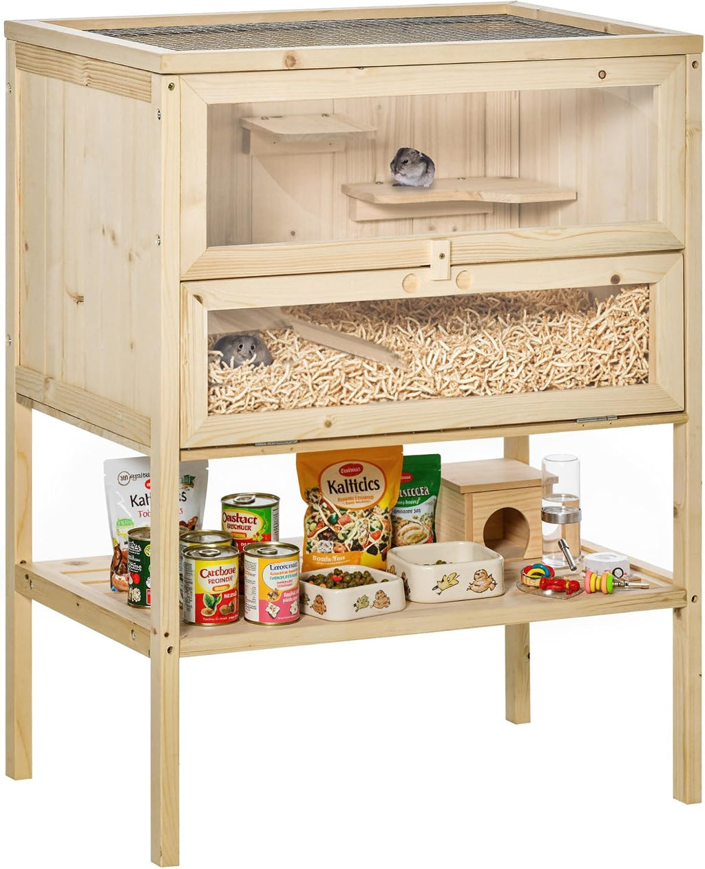3-Tier Wooden Hamster Cage Mice and Rat Cage Small Animals Hutch with Openable Top, Front Door, Storage Shelf