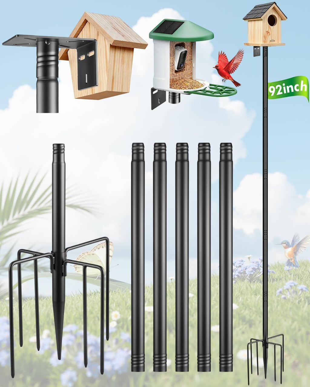 Smart Bird Feeder Pole Stand - 92 Inch Birdhouse Pole Heavy Duty Mounting Kits 7-Prong Base for Outdoor Metal