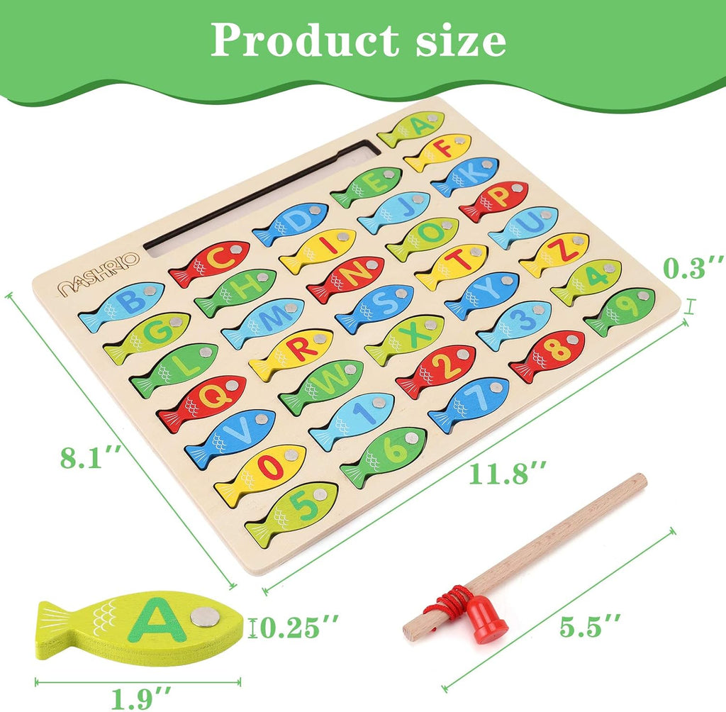 Magnetic Wooden Fishing Game Toy for Preschoolers, Alphabet Fish Catching Counting Games Puzzle with Numbers and