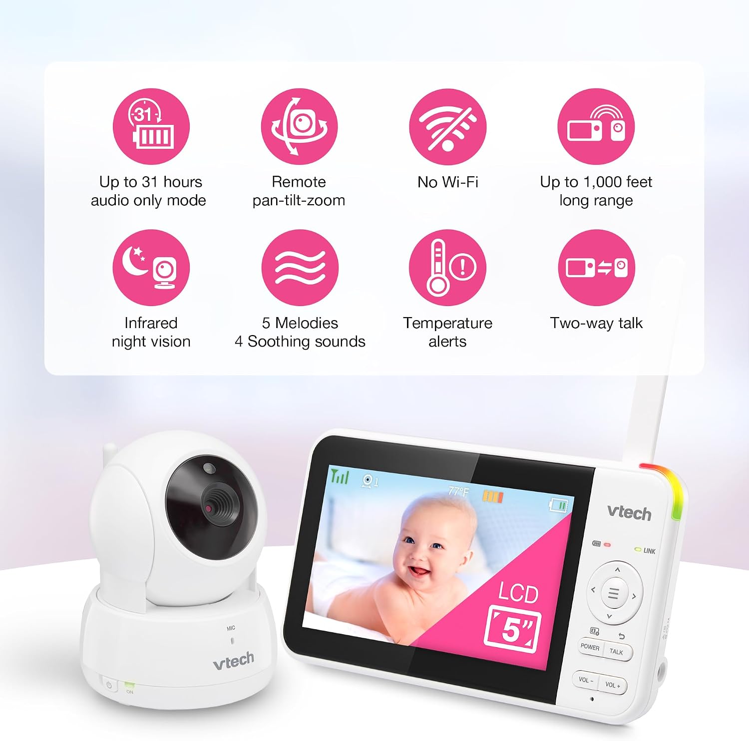 Baby Monitor No WiFi, 5" Screen & Remote Pan-Tilt-Zoom for Newborns – Hack-Proof, 17Hr Battery, 1000ft Range, Auto